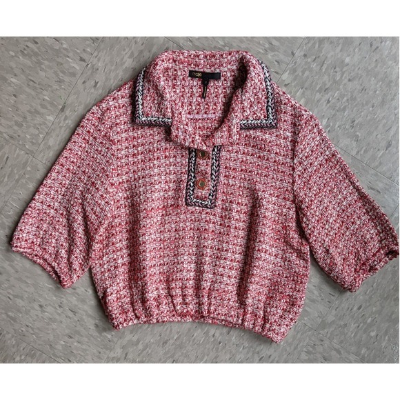 Maje Tops - Maje Paris Red Tweed Metallic Knit Preppy Wear to Work Office Polo Crop Top Sz 1